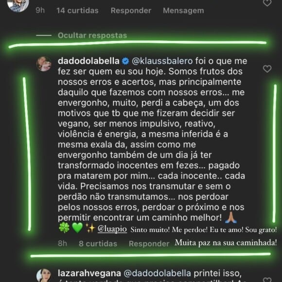 Dado Dolabella compartilhou seu pedido de perdão a Luana Piovani