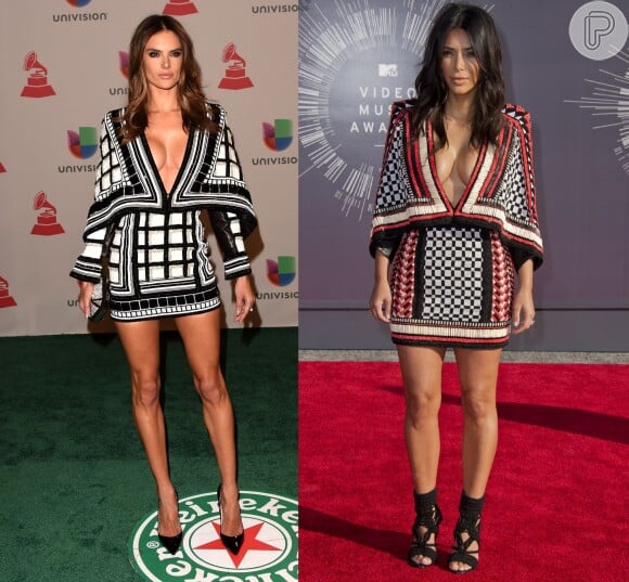 Alessandra Ambrosio escolhe o mesmo vestido Balmain usado por Kim Kardashian, só que com estampas diferentes