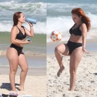 Larissa Manoela elege biquíni com cintura alta para jogar altinha na praia. Fotos!