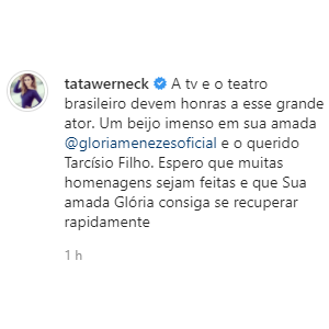 Tatá Werneck lamenta morte de Tarcísio Meira nas redes sociais