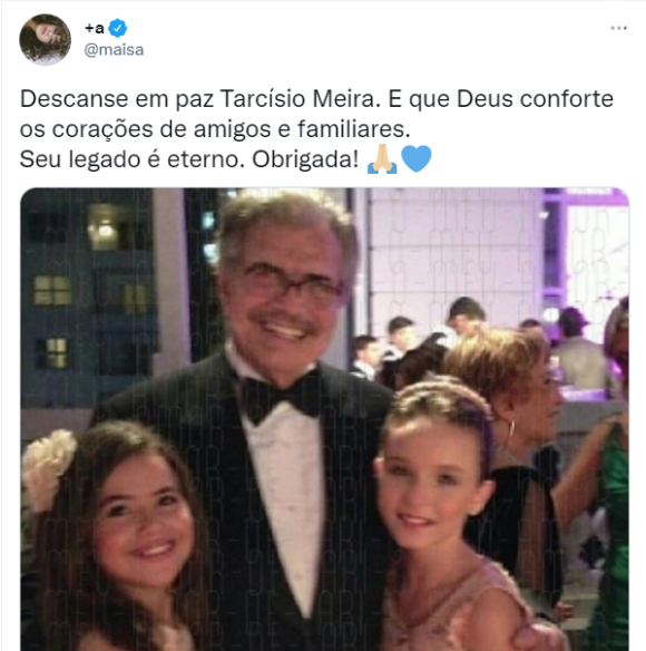 Maísa lamenta morte de Tarcísio Meira com foto antiga com o ator e Larissa Manoela