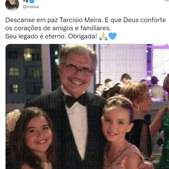 Maísa lamenta morte de Tarcísio Meira com foto antiga com o ator e Larissa Manoela