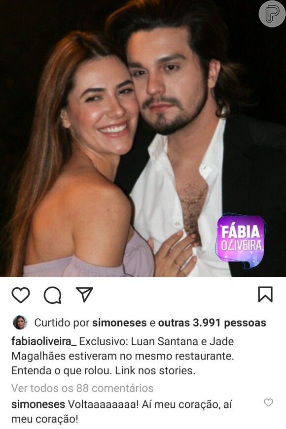 Simone comentou post da colunista Fábia Oliveira sobre Luan Santana e Jade Magalhães