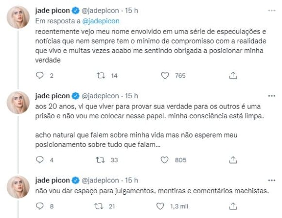 Jade Picon classifica necessidade de se pronunciar sobre affairs como uma 'prisão'