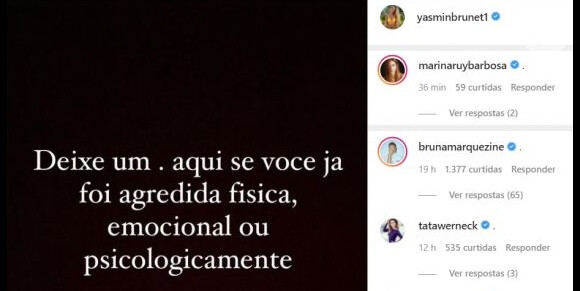 Yasmin Brunet fez uma enquete em suas redes sociais e perguntou quem já havia sido agredida