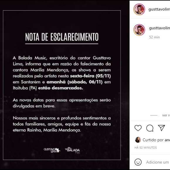 Gusttavo Lima publicou o comunicado do adiamento dos shows nas redes sociais