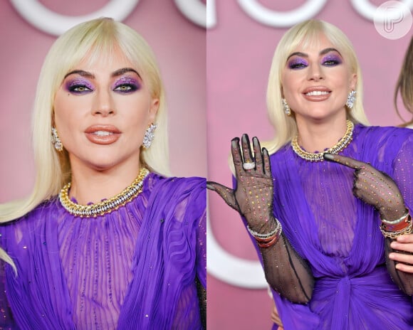 Lady Gaga alia meia-calça arrastão a vestido roxo dramático em pré-estreia de 'Casa Gucci'