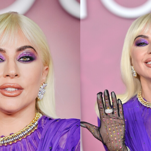 Lady Gaga alia meia-calça arrastão a vestido roxo dramático em pré-estreia de 'Casa Gucci'