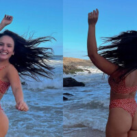 Biquíni retrô poá de Larissa Manoela chama atenção em fotos da atriz na praia. Veja!