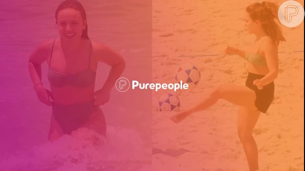 Larissa Manoela aposta em biquíni de cintura alta e treina futevôlei em dia de praia