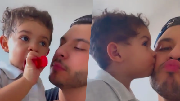 Leo, filho de Marília Mendonça, dá beijinho no pai Murilo Huff em novo vídeo. Veja!
