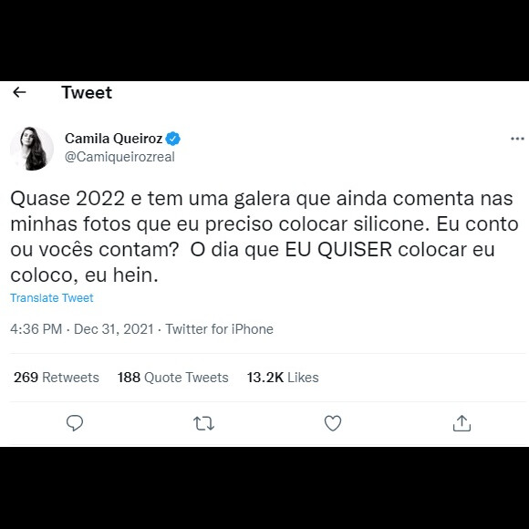 Camila Queiroz comentou o assunto no Twitter