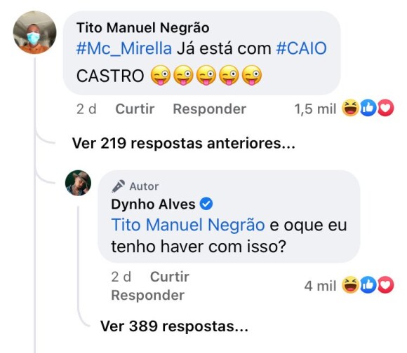 Dynho Alves ficou irritado após internauta trazer à tona suposto affair de Mirella e Caio Castro