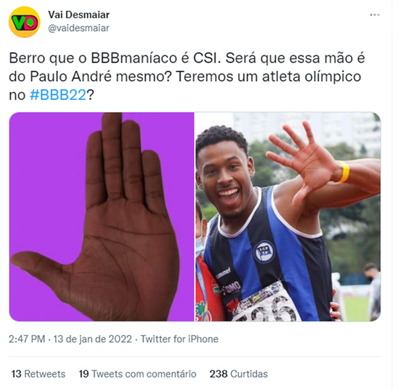 Atleta Paulo André no 'BBB 22': internautas chegaram a notar a semelhança entre a mão do rapaz com uma das divulgadas por Boninho