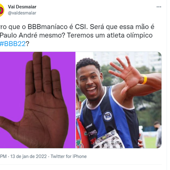 Atleta Paulo André no 'BBB 22': internautas chegaram a notar a semelhança entre a mão do rapaz com uma das divulgadas por Boninho