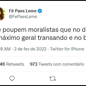 'BBB 22': Fernanda Paes Leme critica público que reprovou sexo de Maria e Eliezer no programa e os chama de moralistas