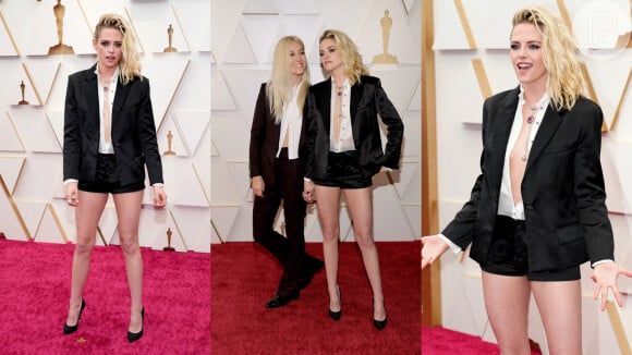 Oscar 2022: Kristen Stewart dispensa vestido e rompe dresscode com short Chanel: atriz levou a noiva, Dylan Meyer, ao evento.