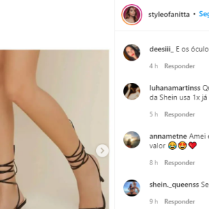 Anitta usa look da Shein e fãs encontram peças no site da Shein, incluindo sandália, que custa R$ 119,99