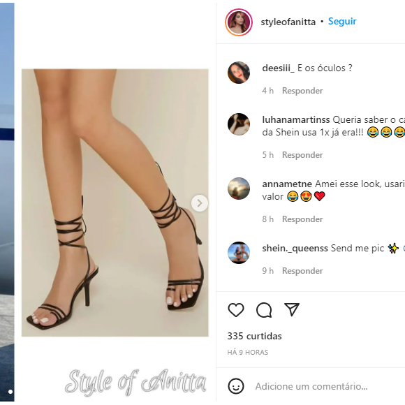 Anitta usa look da Shein e fãs encontram peças no site da Shein, incluindo sandália, que custa R$ 119,99