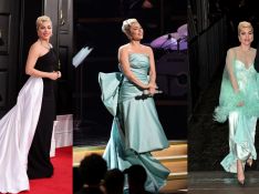 Vestido p&amp;b, plumas e laço máxi: Lady Gaga usa 3 looks com trends no Grammy 2022. Detalhes!