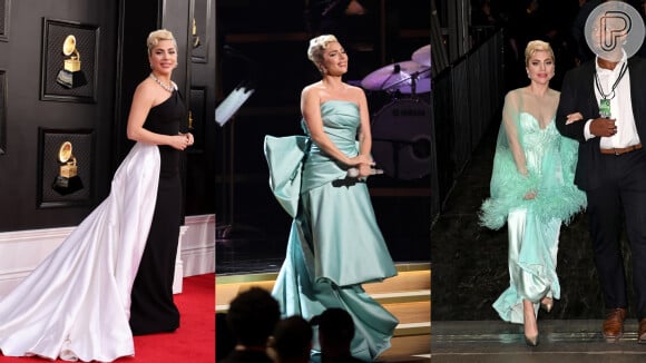 Vestido p&b, plumas e maxi-laço: Lady Gaga usa 3 looks com trends no Grammy 2022. Detalhes!