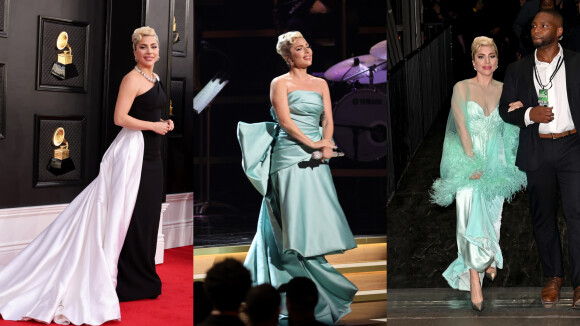 Vestido p&b, plumas e laço máxi: Lady Gaga usa 3 looks com trends no Grammy 2022. Detalhes!