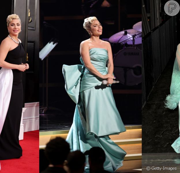 Vestido p&amp;b, plumas e maxi-laço: Lady Gaga usa 3 looks com trends no Grammy 2022. Detalhes!