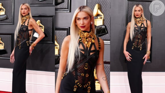 Grammy 2022: Dua Lipa ousa em look sexy com transparência, correntes e referência à Donatella Versace