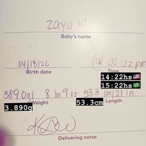 Zaya, filha de Hulk com Camila Ângelo, nasceu às 15h22, com 3,890kg e 53 centímetros