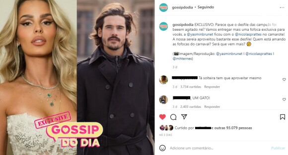 Beijos de Yasmin Brunet e Nicolas Prattes foi revelado no perfil do 'Gossip do Dia'