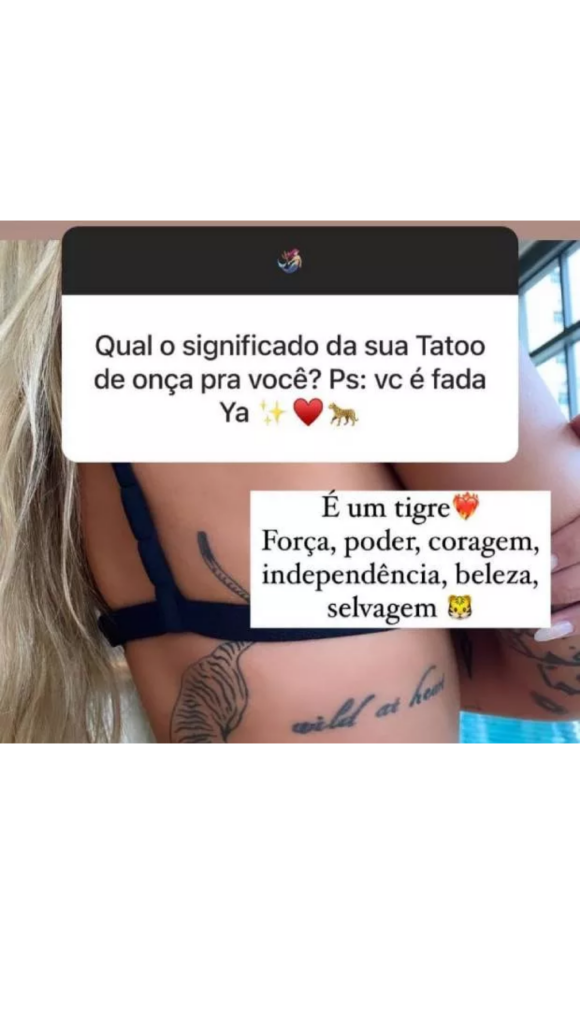 De lingerie, Yasmin Brunet exibiu a tatuagem de tigre e expôs os detalhes do significado: 'Força, poder, coragem, independência, beleza, selvagem'
