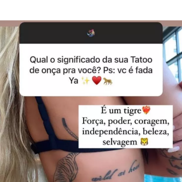 De lingerie, Yasmin Brunet exibiu a tatuagem de tigre e expôs os detalhes do significado: 'Força, poder, coragem, independência, beleza, selvagem'