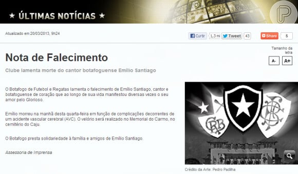 O clube Botafogo postou uma nota de falecimento de Emílio Santiago no site oficial