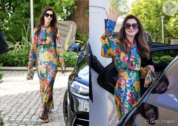 Anne Hathaway usa floral multicolorido da Schiarapelli em Cannes