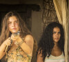 Levi (Leandro Lima) é surpreendido por Juma (Alanis Guillen) ao sequestrar Muda (Bella Campos) na novela 'Pantanal'; a 'mulher-onça' saca a arma e aponta em sua direção