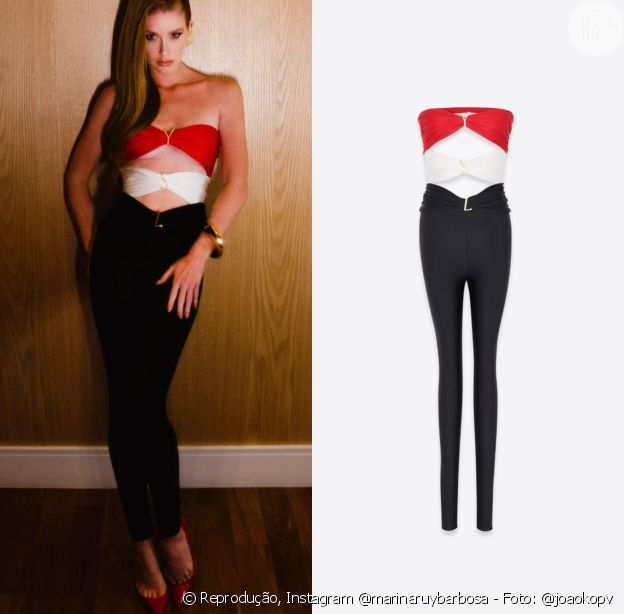 Marina Ruy Barbosa surgiu poderosa em macacão ajustado ao corpo que valorizava barriga e busto