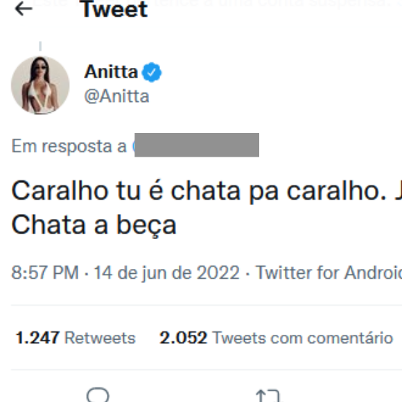 Anitta: 'C*ralho, tu é chata pra c*ralho. Jesus, vou dar um block. Chata à beça', disparou contra a fã