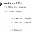 Nos comentários, seguidores relembraram do romance de Yasmin Brunet e Sérgio Hondjakoff