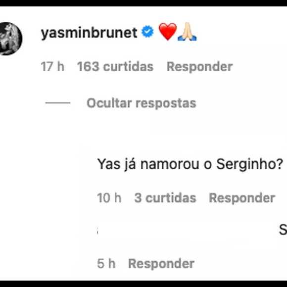 Nos comentários, seguidores relembraram do romance de Yasmin Brunet e Sérgio Hondjakoff