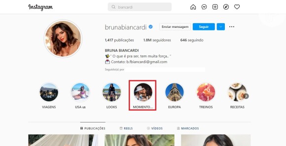 Na volta, Bruna Biancardi atualizou as redes sociais e colocou um destaque com uma foto com Neymar