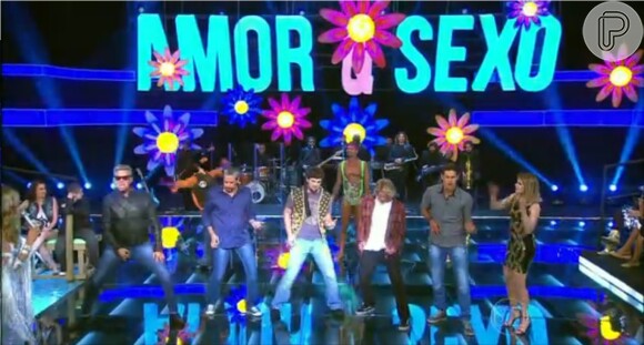 Pedro Novaes disputa air guitar com Otaviano Costa, Alexandre Borges e José Loreto no programa 'Amor & Sexo'