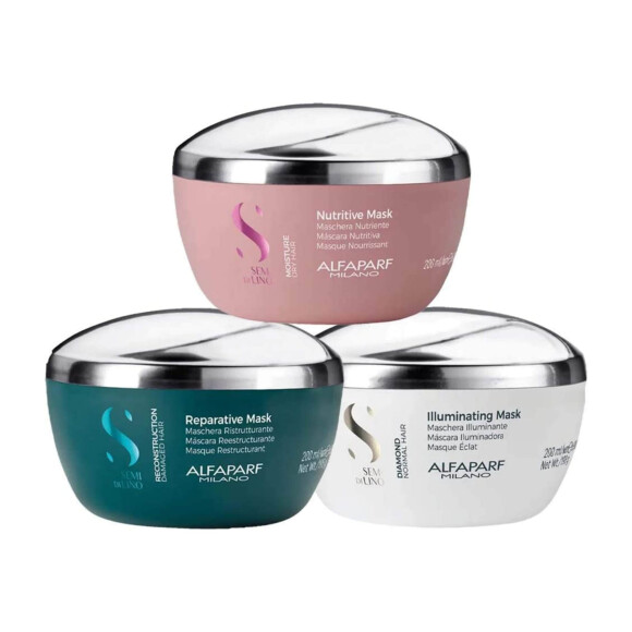 Esse conjunto de máscaras capilares é o Cronograma capilar, da Alfaparf, pensado já para o cuidado completo do seu cabelo