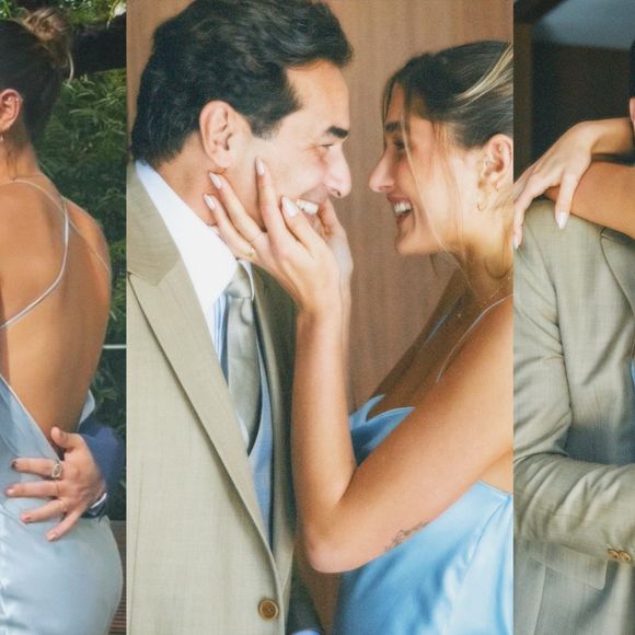 Sasha Meneghel com o marido, João Figueiredo, e com o pai, Luciano Szafir, no casamento do ator com Luhanna Szafir