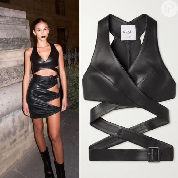 O top preto usado por Bruna Marquezine tinha fivela e também era da grife Alaïa