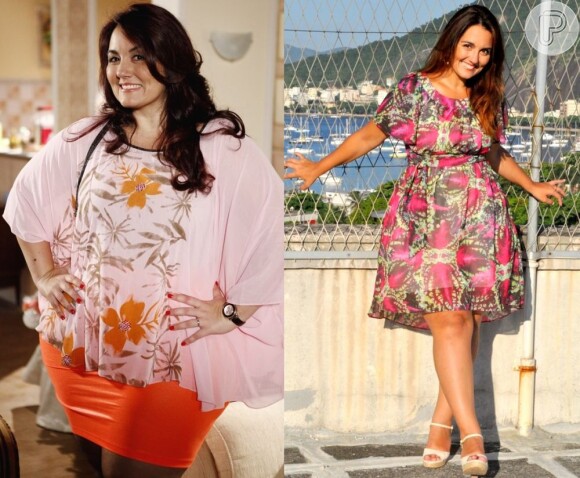 Na esquerda, Renata na época da novela 'Aquele Beijo', em 2012, com mais de 130kgs e à direita, um ano depois