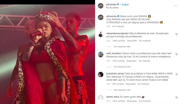 MC Pipokinha trocou o 'mais' pelo 'mas' e seguidores detonaram o erro de português da funkeira