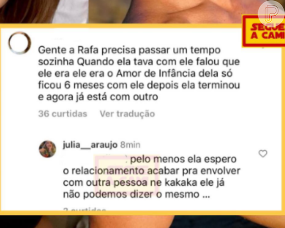 'Pelo menos, ela esperou o relacionamento acabar para se envolver com outra pessoa, né? Ele, já não podemos dizer o mesmo', disse amiga de Rafa Kalimann