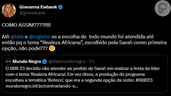 Giovanna Ewbank questiona produção do 'BBB 23' após festa temática de Sarah ser alterada