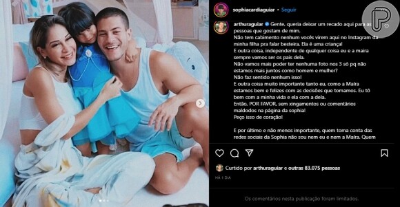 Arthur Aguiar sai em defesa da filha, Sophia, após perfil da herdeira virar alvo de críticas