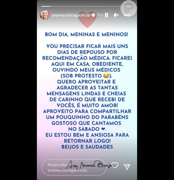 Ana Maria Braga deu o comunicado pelas redes sociais